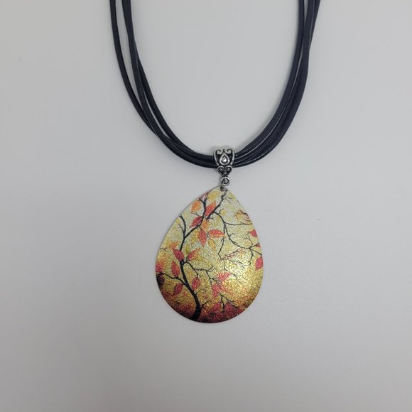 3 Strand Distressed Leather Necklace with Fall Scene Pendant - Picture 3 of 6